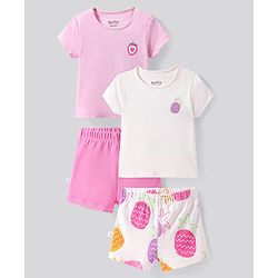 Bonfino 100% Cotton Half Sleeves Shorts Night Suit With Tropical Print Pack Of 2 - Light Pink & White