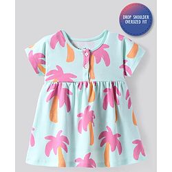 Bonfino 100% Cotton Knit Half Sleeves Frock With Tropical Theme Print - Light Blue