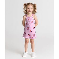 Bonfino 100% Cotton Knit Frill Sleeves Beach Theme Printed Jumpsuit - Pink