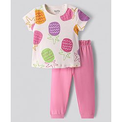 Bonfino 100% Cotton Knit Half Sleeves Night Suit With Tropical Theme Print -  Pink & Offwhite