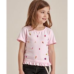 Bonfino 100% Cotton Knit Half Raglan Sleeves T-Shirt with Ice Cream Embrioidery & Frill Detailing - Pink