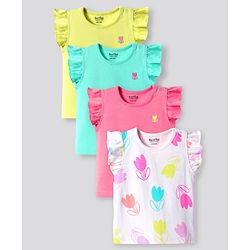 Bonfino 100% Cotton Knit Frill Sleeves Tops With Floral Print & Embrioidery Pack Of 4 - Green Dark Pink & OffWhite