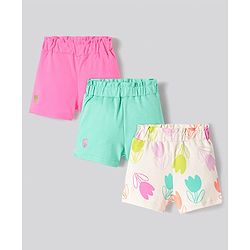 Bonfino 100% Cotton Knit Shorts With Floral Print & Embroidery Pack of 3 - Off White Neon Pink & Green