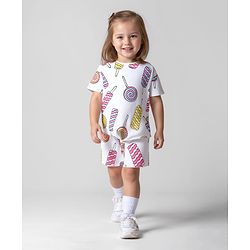 Bonfino Cotton Knit Drop Shoulder Sleeves T-Shirt & Shorts With Candy Print - White