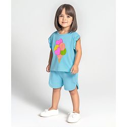 Bonfino 100% Cotton Knit Frill Sleeves Top & Shorts Set with Ice Cream & Hearts 3D Embroidery - Light Blue