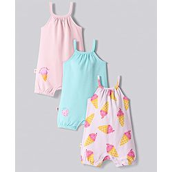 Bonfino 100% Cotton Knit Singlet Sleeves Rompers with Ice Cream Print Pack of 3 - Pink Blue & Lavender