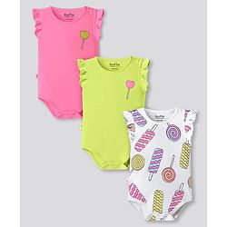 Bonfino 100% Cotton Knit Frill Sleeves Onesies With Candy Print Pack Of 3 - Pink, Off White & Green