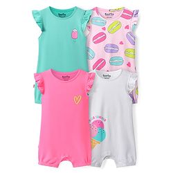 Bonfino 100% Cotton Knit Frill Sleeves Rompers With Ice Cream & Macaroon Print Pack of 4 - Multicolor