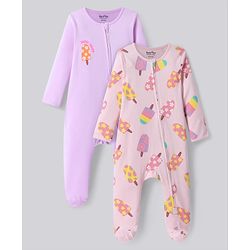 Bonfino Cotton Knit Full Sleeves Footed Sleep Suits With Ice Cream Print Pack Of 2 - Lavender & Pink