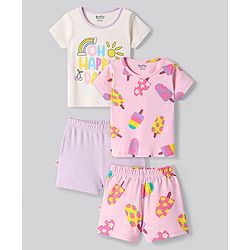 Bonfino Cotton Knit Half Sleeves Shorts Night Suits with Popsicle & Text Print Pack of 2 - Pink & Off White