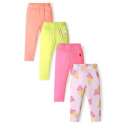 Bonfino 100% Cotton Knit Full Length Leggings with Ice Cream & Hearts Embroidery Pack of 4 - Lavender Orange Green & Pink