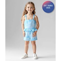 Bonfino Double Gauze Knit Singlet Sleeves Frill Detailing Tie Dye Top & Shorts Co-ord Set - Light Blue