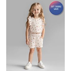 Bonfino Cotton Frill Sleeves Floral Printed Top & Shorts Co-ord Set - Cream