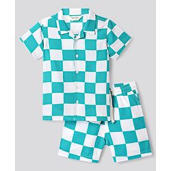 Bonfino Rayon Woven Half Sleeves Checkered Shirt & Shorts Set - Turquoise & White
