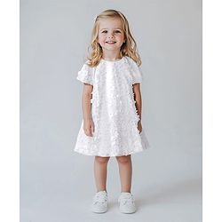 Bonfino Woven Half Sleeves Party Dress With Floral Applique - White