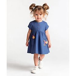 Bonfino 100% Cotton Knit Half Sleeves Denim Dress With Floral Embroidery & Applique - Blue