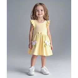 Bonfino 100% Cotton Knit Frill Sleeves Dress with Bow & Floral Applique - Yellow