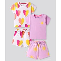 Bonfino 100% Cotton Knit Half Sleeves Hearts Printed Shorts Night Suit Pack of 2- Lilac & White