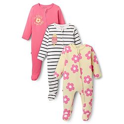 Bonfino 100% Cotton Knit Full Sleeves Floral & Ice Cream Printed Footed Sleep Suits Pack of 3 - Yellow White & Pink