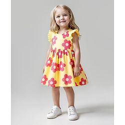 Bonfino 100% Cotton Knit Frill Sleeves Floral Printed Frock with Bloomer - Yellow