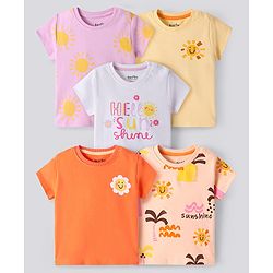 Bonfino 100% Cotton Knit Half Sleeves T-Shirt with Summer Theme Print Pack of 5 - Peach Yellow & Orange