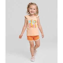Bonfino 100% Cotton Knit Cap Sleeves T-Shirt & Shorts Set With Text Print & Bow Applique - Peach