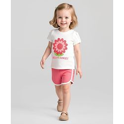 Bonfino 100% Cotton Knit Half Sleeves T-Shirt & Shorts Set With Floral Embroidery - White