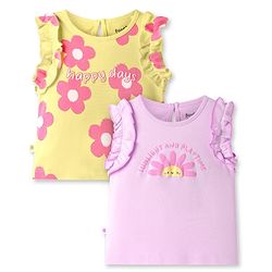 Bonfino 100% Cotton Sleeveless T-Shirts With Frill Detailing & Floral Print Pack Of 2  - Yellow & Pink