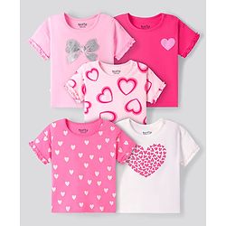 Bonfino 100% Cotton Knit Half Sleeves T-Shirts With Heart & Bow Print Pack Of 5 - Pink & White