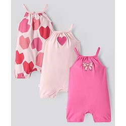 Bonfino 100% Cotton Knit Singlet Sleeves Rompers with Hearts Print & Embroidery Pack of 3 - Pink