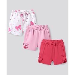 Bonfino 100% Cotton Knit Mid Thigh Shorts with Bow & Hearts Applique Pack of 3 - White Pink & Red