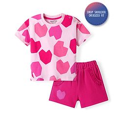 Bonfino 100% Cotton Knit Half Sleeves T-Shirt & Shorts Set With Heart Print - Pink