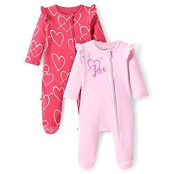 Bonfino 100% Cotton Knit Full Sleeves Footed Sleepsuits with Hearts Print Pack of 2 - Pink & Red