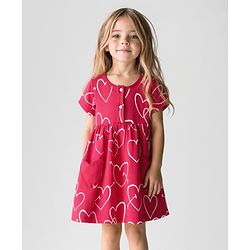 Bonfino 100% Cotton Knit Half Sleeves Dress With Heart Print & Applique - Dark Pink