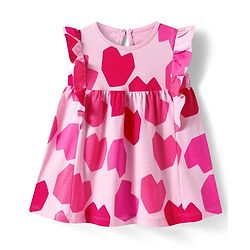 Bonfino 100% Cotton Knit Frill Sleeves Printed Dress - Pink