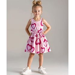Bonfino 100% Cotton Knit Sleeveless Elasticated Waist Dress with Hearts Print - Pink