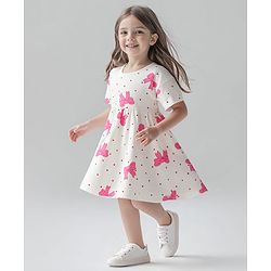 Bonfino Cotton Knit Half Sleeves Drop Shoulder Frock With Bow Print -  White & Pink