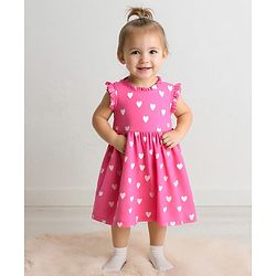 Bonfino 100% Cotton Knit Frill Sleeves Frock with Bloomer & Hearts Print - Pink