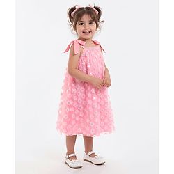 Bonfino Woven Strappy Sleeves A Line Party Dress with Floral Applique & Sequin -Pink