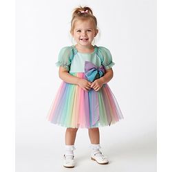 Bonfino Woven Puffed Sleeves Flare Rainbow Mesh Partywear Dress with Bow Applique - Light Blue Plum & Pink