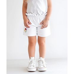 Bonfino Cotton Elastane Knee Length Paper Bag Waist Shorts with Floral Embroidery - White
