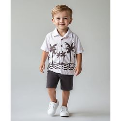 Bonfino Woven Half Sleeves Resort Collar Oversized Shirt & Shorts Set with Beach Theme Print - Offwhite