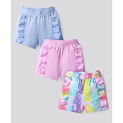 Bonfino 100% Cotton Knit Mid Thigh Shorts with Horse Print & Frill Detailing Pack of 3 - White Pink & Light Blue