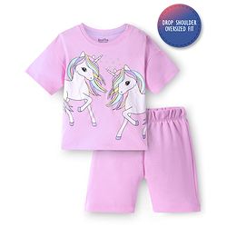 Bonfino 100% Cotton Knit Half Drop Shoulder Sleeves T-Shirt & Cycling Shorts Set with Unicorn Print - Pink