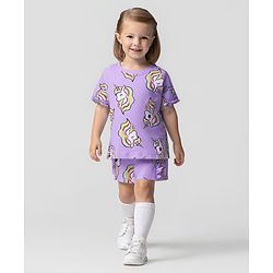 Bonfino Cotton Half Sleeves T-Shirt & Shorts Set With Unicorn Print - Lilac