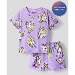 Bonfino Cotton Half Sleeves T-Shirt & Shorts Set With Unicorn Print - Lilac