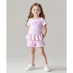 Bonfino 100% Cotton Knit Half Sleeves T-Shirt & Shorts Set With Unicorn Embroidery - Light Pink