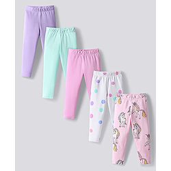 Bonfino 100% Cotton Knit Full Length Leggings With Unicorn & Polka Dot Print Pack of 5 - Multi Colour