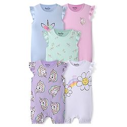Bonfino 100% Cotton Knit Frill Sleeves Rompers With Unicorn & Floral Print Pack of 5 - Multicolor