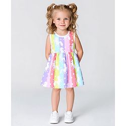 Bonfino Cotton Knit Sleeveles Frock With Unicorn Print - Pink Lilac & Light Blue